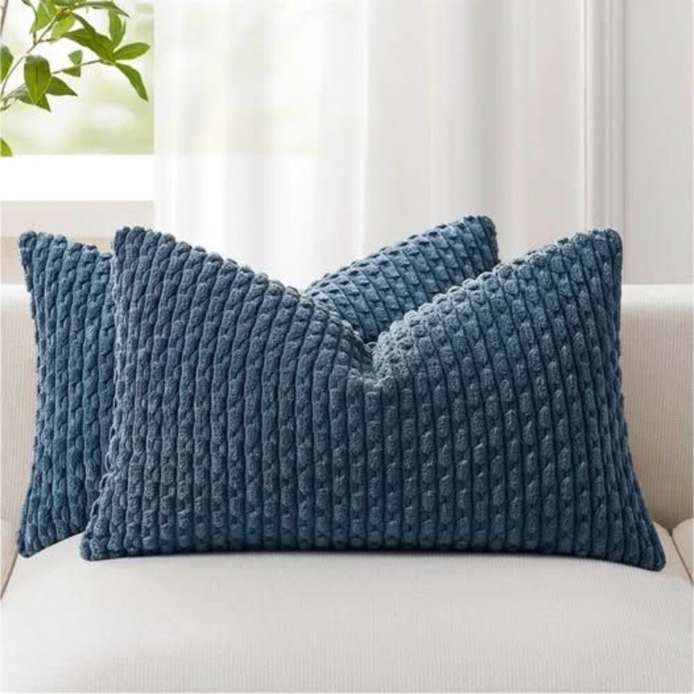 New Kevin Textile Soft Corduroy 12"x20" Lumbar Pillow Covers 2 Pack, Blue B1021